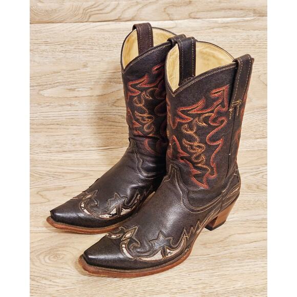 Corral Western Cowboy Boots Brown Leather Distressed Snip Toe Womens Size 9 M - Picture 1 of 14